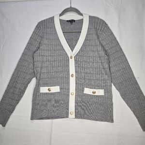 Adrianna Papell Womens Sz. L Gray & White Cardigan Sweater Career Casual